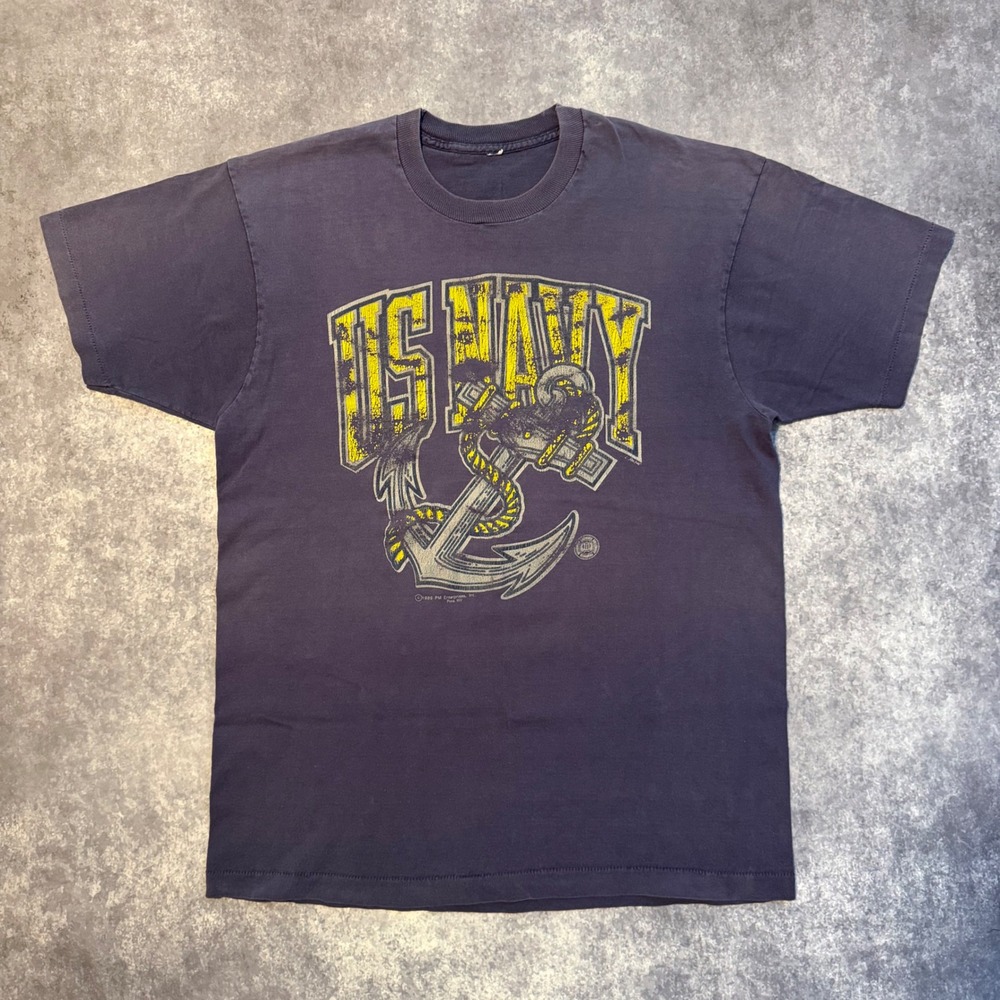 VTG 1989 US Navy Anchor Graphic‎ T-Shirt Single Stitch Navy Blue Mens XL Faded